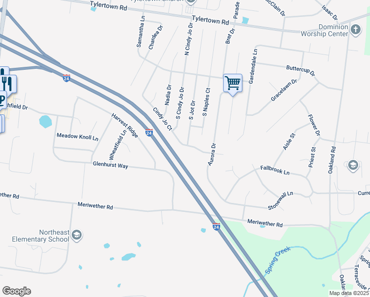 map of restaurants, bars, coffee shops, grocery stores, and more near 844 Cindy Jo Court in Clarksville
