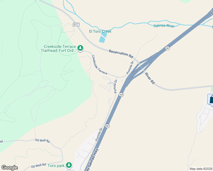 map of restaurants, bars, coffee shops, grocery stores, and more near 19200 Creekside Lane in Salinas