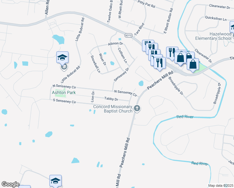 map of restaurants, bars, coffee shops, grocery stores, and more near 3216 North Senseney Circle in Clarksville