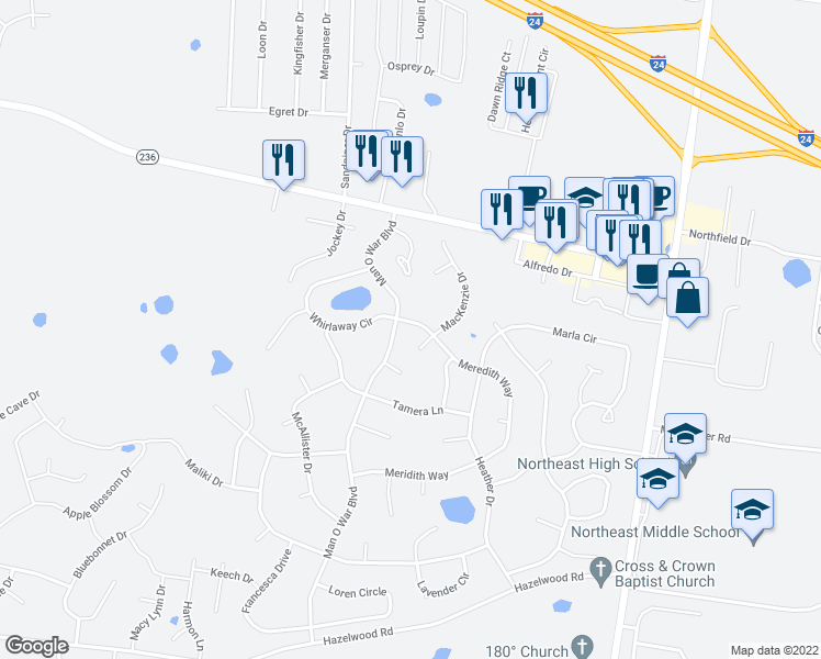 map of restaurants, bars, coffee shops, grocery stores, and more near 1275 Meredith Way in Clarksville