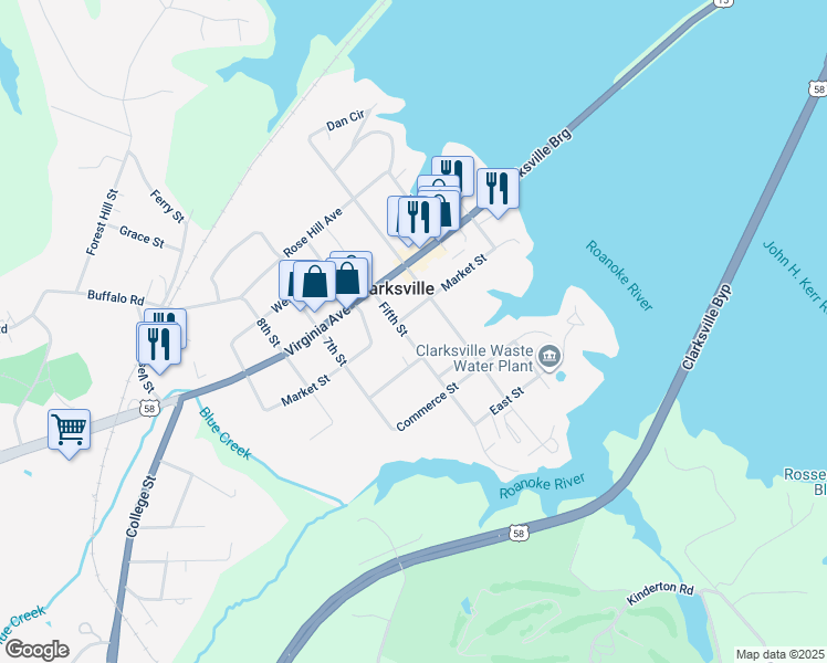 map of restaurants, bars, coffee shops, grocery stores, and more near 214 5th Street in Clarksville