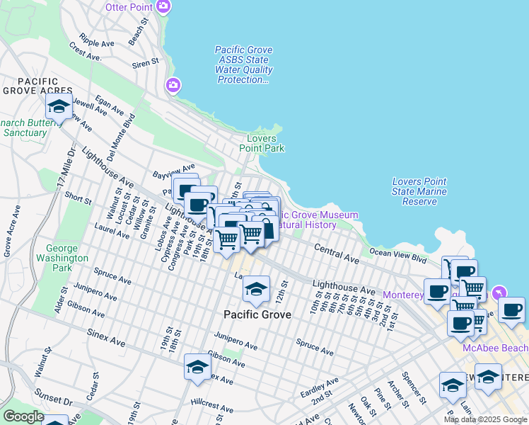 map of restaurants, bars, coffee shops, grocery stores, and more near 129 Fountain Avenue in Pacific Grove