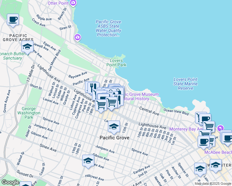 map of restaurants, bars, coffee shops, grocery stores, and more near 150-158 Grand Avenue in Pacific Grove