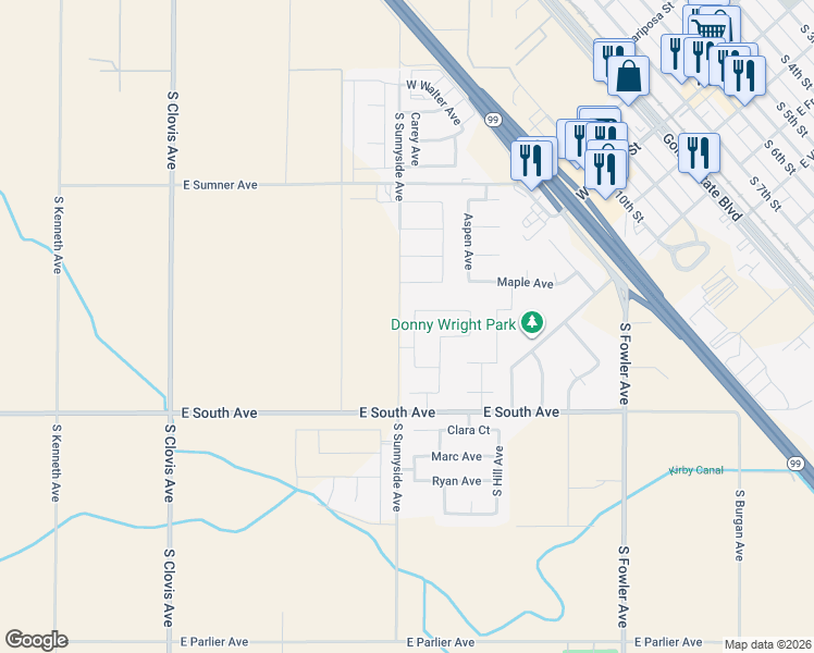 map of restaurants, bars, coffee shops, grocery stores, and more near 458 Bedrosian Avenue in Fowler