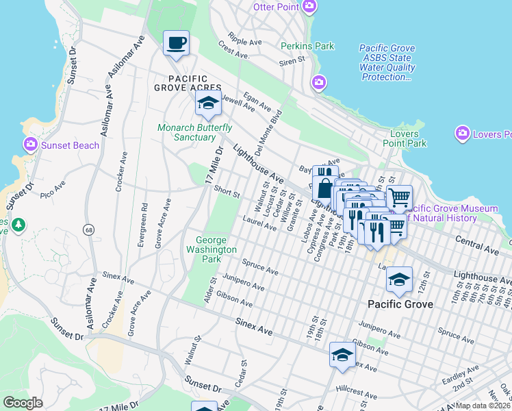 map of restaurants, bars, coffee shops, grocery stores, and more near 249 Chestnut Street in Pacific Grove