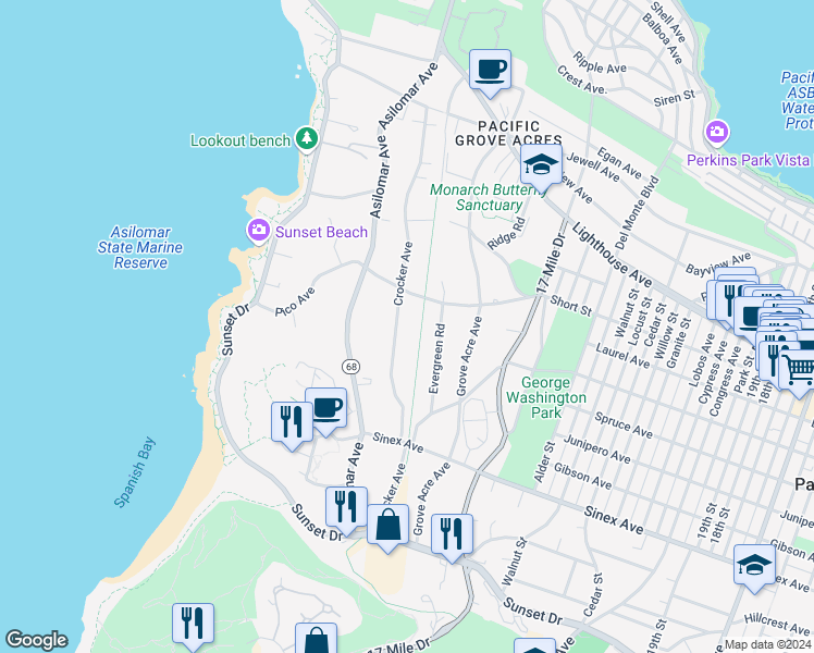 map of restaurants, bars, coffee shops, grocery stores, and more near Crocker Avenue in Pacific Grove