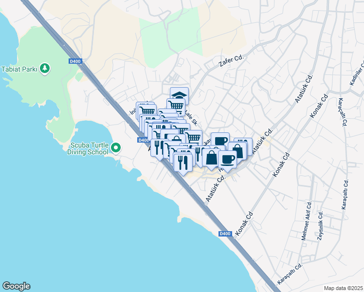 map of restaurants, bars, coffee shops, grocery stores, and more near 9 Yalı Sokak in Alanya