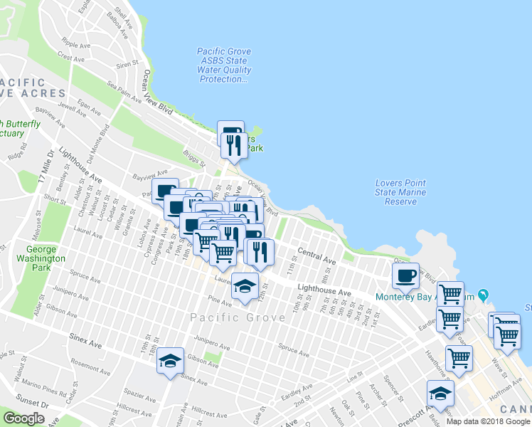 map of restaurants, bars, coffee shops, grocery stores, and more near 509 Ocean View Boulevard in Pacific Grove