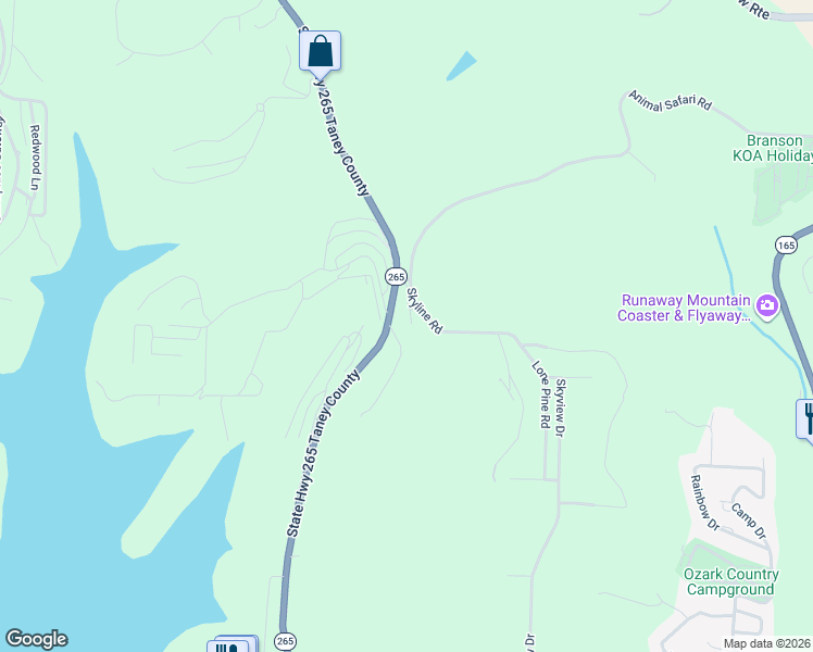 map of restaurants, bars, coffee shops, grocery stores, and more near 1384 Missouri 265 in Branson