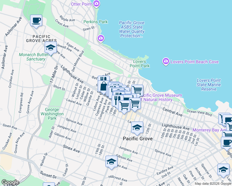 map of restaurants, bars, coffee shops, grocery stores, and more near 667 Central Avenue in Pacific Grove