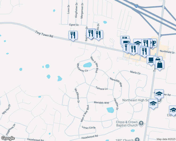 map of restaurants, bars, coffee shops, grocery stores, and more near 1959 Whirlaway Circle in Clarksville