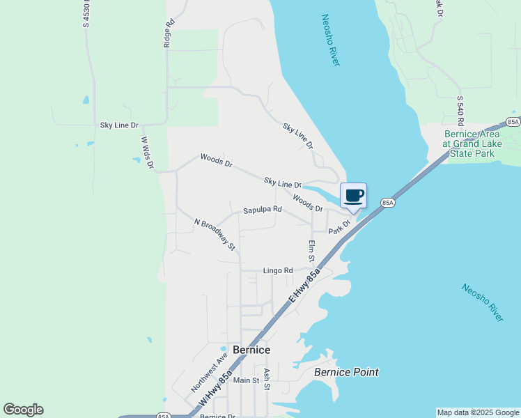 map of restaurants, bars, coffee shops, grocery stores, and more near Sapulpa Road in Bernice