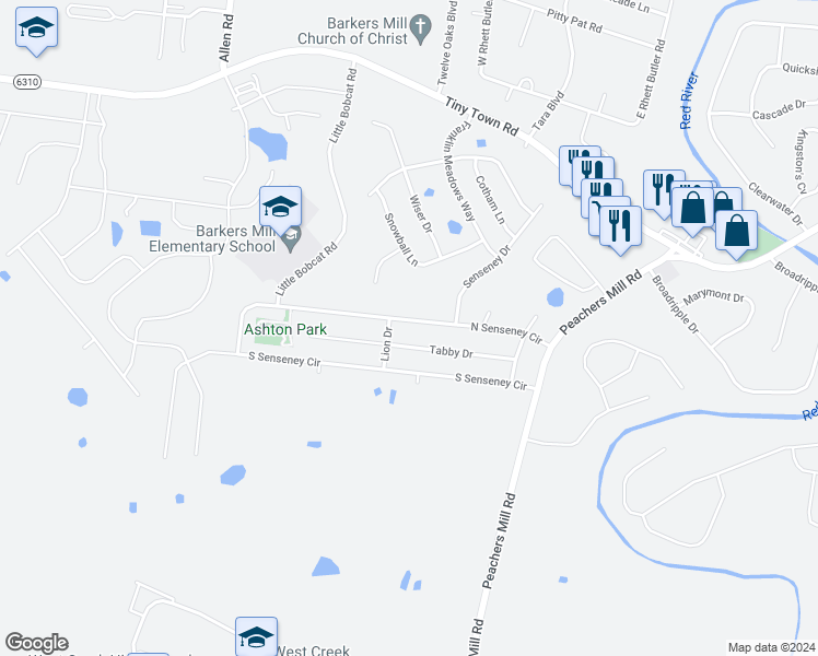 map of restaurants, bars, coffee shops, grocery stores, and more near 3236 North Senseney Circle in Clarksville