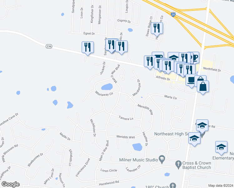 map of restaurants, bars, coffee shops, grocery stores, and more near 1971 Whirlaway Circle in Clarksville