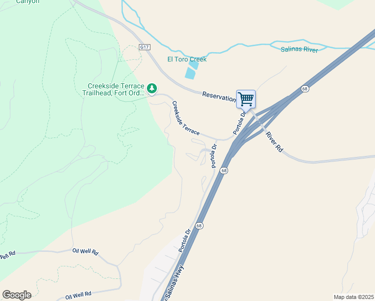 map of restaurants, bars, coffee shops, grocery stores, and more near 19222 Creekside Lane in Salinas