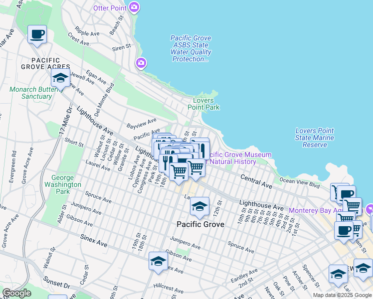 map of restaurants, bars, coffee shops, grocery stores, and more near 150 17th Street in Pacific Grove