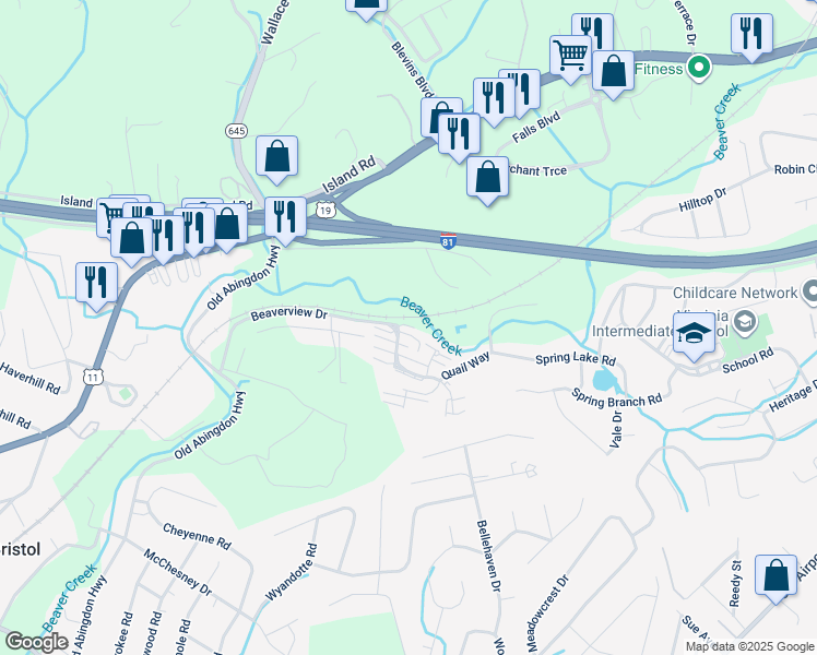 map of restaurants, bars, coffee shops, grocery stores, and more near 257 Beaverview Drive in Bristol