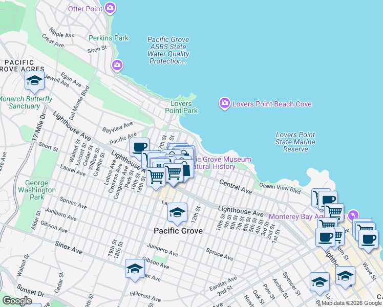 map of restaurants, bars, coffee shops, grocery stores, and more near 119 Fountain Avenue in Pacific Grove