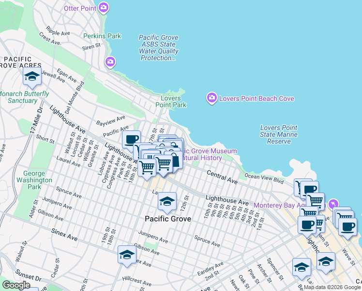 map of restaurants, bars, coffee shops, grocery stores, and more near 119 Fountain Avenue in Pacific Grove