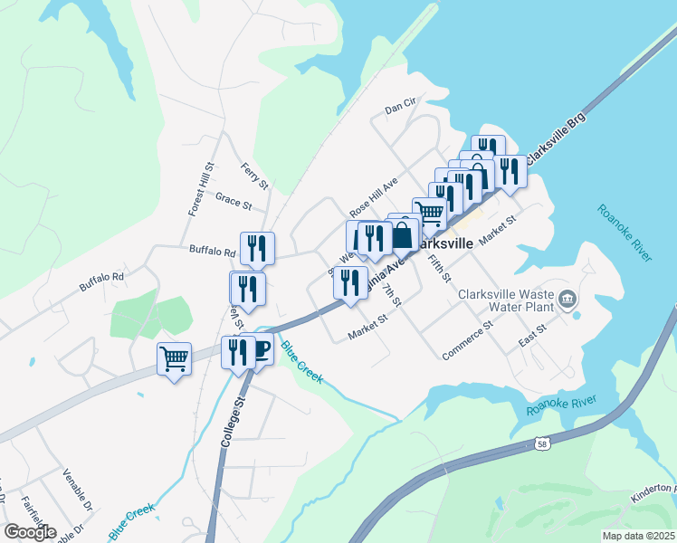 map of restaurants, bars, coffee shops, grocery stores, and more near 700-798 Virginia Ave in Clarksville