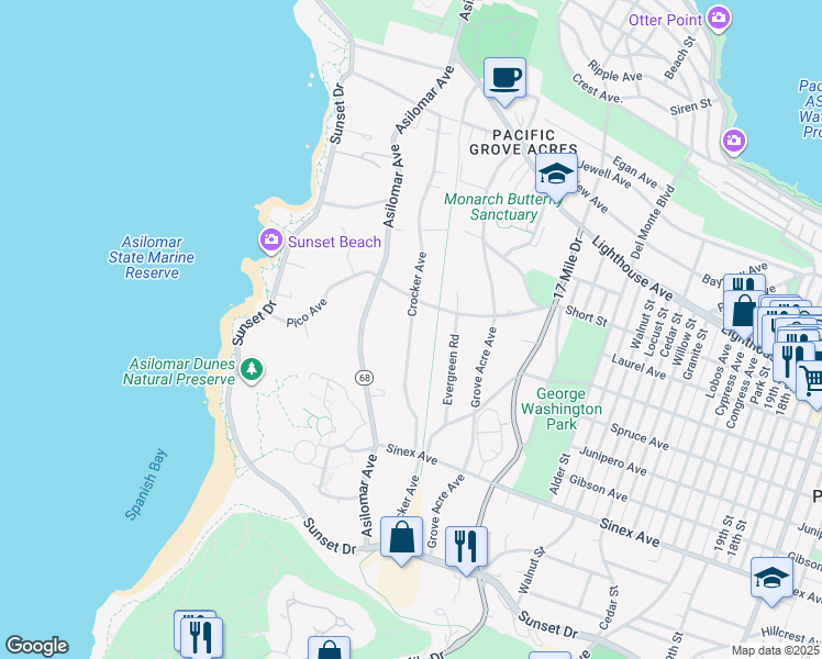 map of restaurants, bars, coffee shops, grocery stores, and more near Crocker Avenue in Pacific Grove