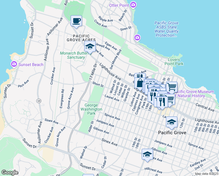 map of restaurants, bars, coffee shops, grocery stores, and more near 235 Chestnut Street in Pacific Grove