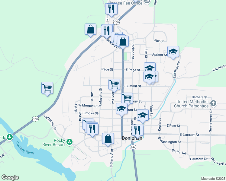map of restaurants, bars, coffee shops, grocery stores, and more near 606 North Grand Avenue in Doniphan