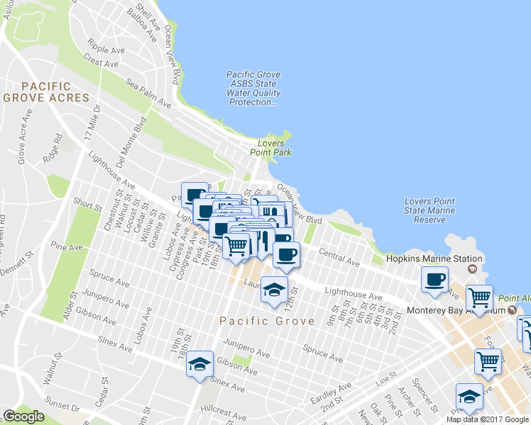 map of restaurants, bars, coffee shops, grocery stores, and more near 150-158 Grand Avenue in Pacific Grove