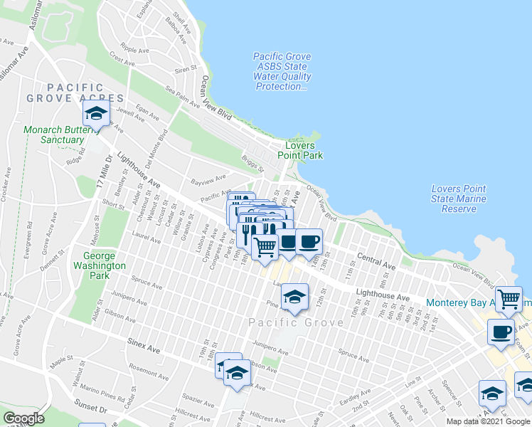 map of restaurants, bars, coffee shops, grocery stores, and more near 150 17th Street in Pacific Grove