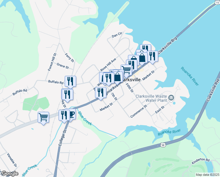map of restaurants, bars, coffee shops, grocery stores, and more near 618 Virginia Avenue in Clarksville