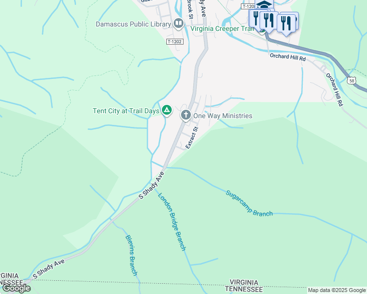 map of restaurants, bars, coffee shops, grocery stores, and more near 1102 Extract Street in Damascus