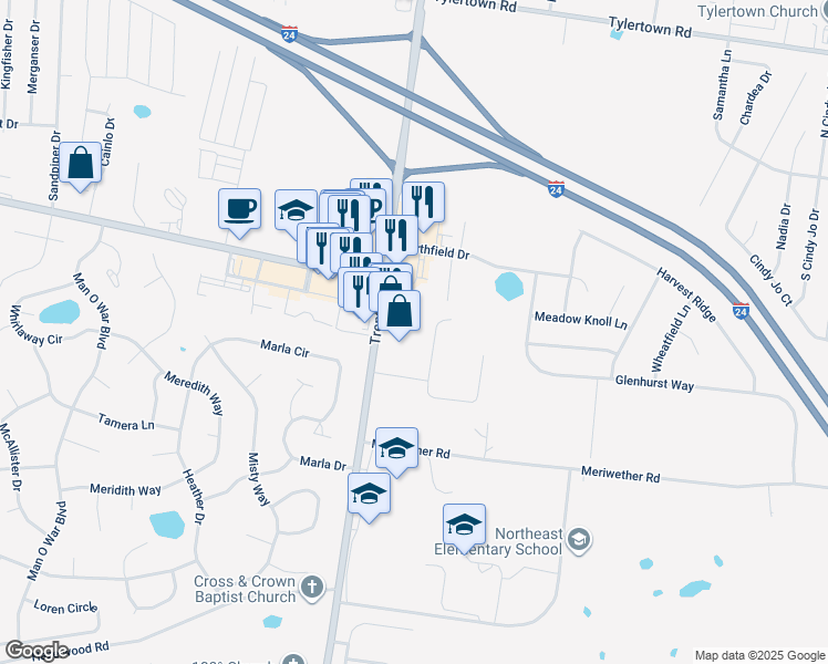 map of restaurants, bars, coffee shops, grocery stores, and more near 3865 Trenton Road in Clarksville