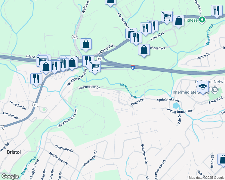 map of restaurants, bars, coffee shops, grocery stores, and more near 257 Beaverview Drive in Bristol