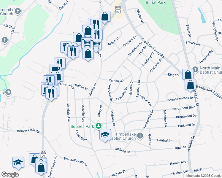 map of restaurants, bars, coffee shops, grocery stores, and more near 625 Westview Drive in Danville