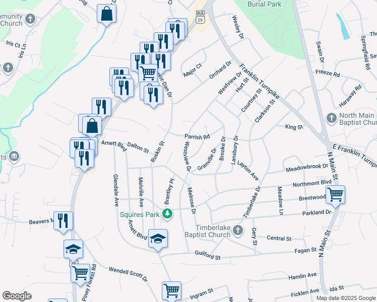 map of restaurants, bars, coffee shops, grocery stores, and more near 625 Westview Drive in Danville