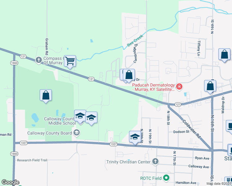 map of restaurants, bars, coffee shops, grocery stores, and more near 1343 Kentucky 121 in Murray