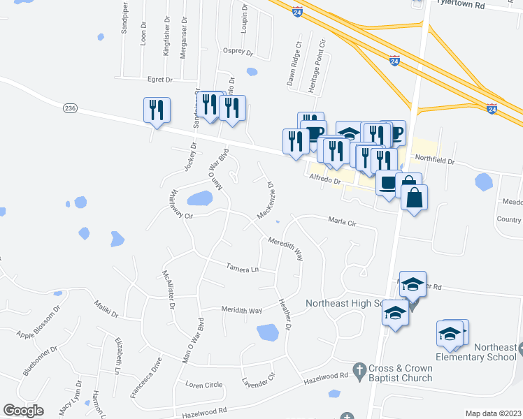 map of restaurants, bars, coffee shops, grocery stores, and more near 3864 MacKenzie Drive in Clarksville