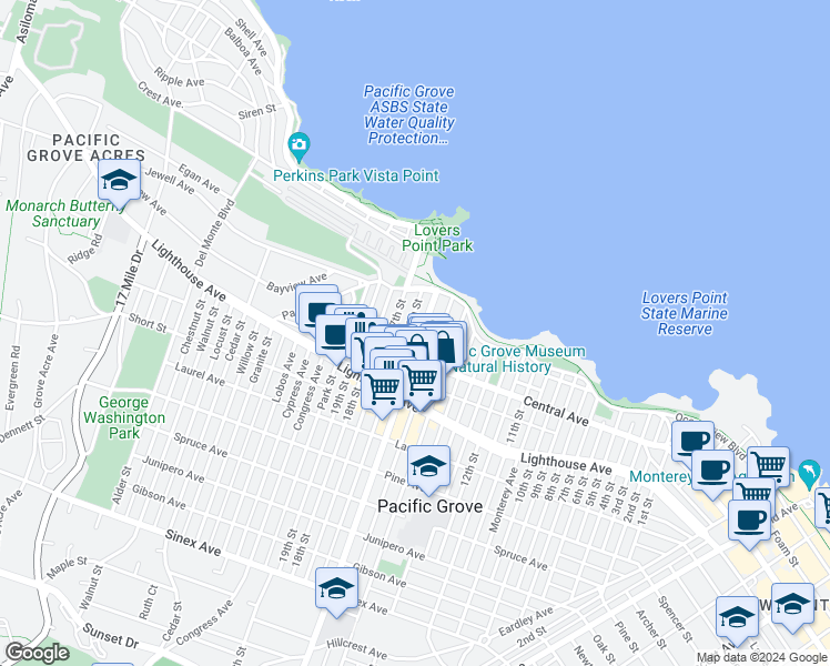 map of restaurants, bars, coffee shops, grocery stores, and more near 150-158 Grand Avenue in Pacific Grove