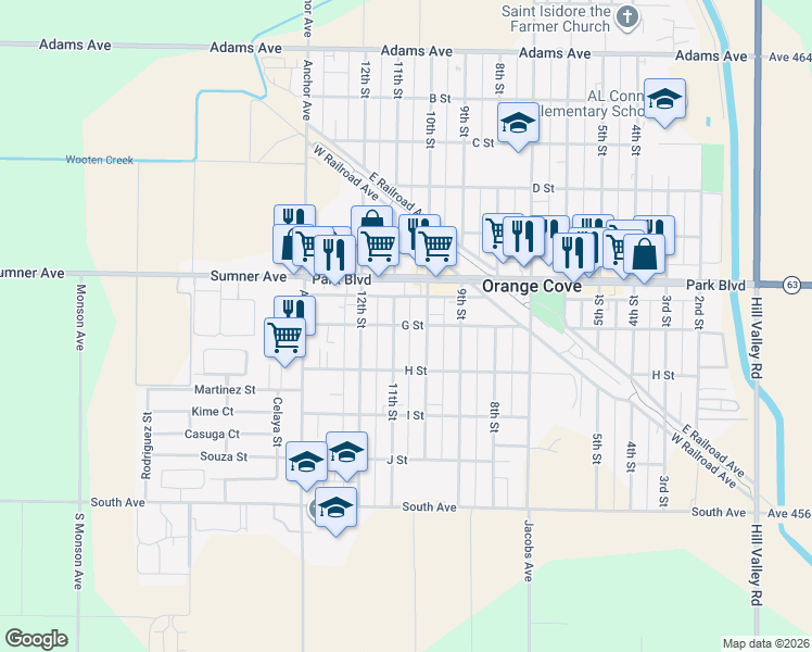 map of restaurants, bars, coffee shops, grocery stores, and more near 1065 G Street in Orange Cove