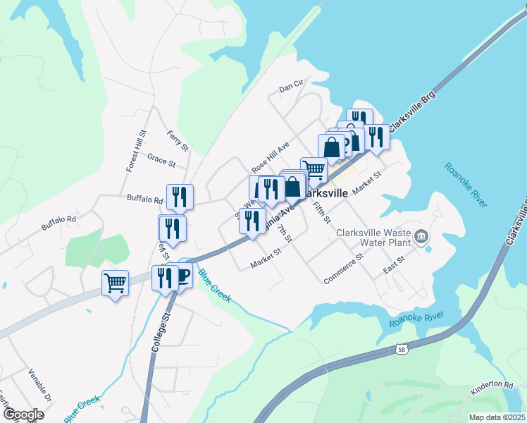 map of restaurants, bars, coffee shops, grocery stores, and more near 700 Virginia Avenue in Clarksville