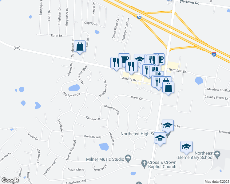 map of restaurants, bars, coffee shops, grocery stores, and more near 1406 Elliott Court in Clarksville