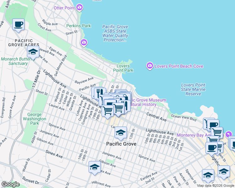 map of restaurants, bars, coffee shops, grocery stores, and more near 132 Forest Avenue in Pacific Grove