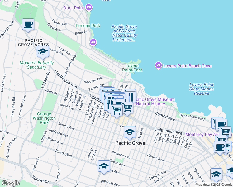 map of restaurants, bars, coffee shops, grocery stores, and more near 150 17th Street in Pacific Grove