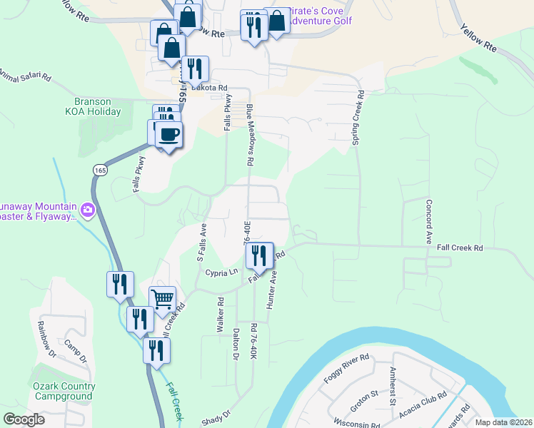 map of restaurants, bars, coffee shops, grocery stores, and more near 203 Western Ave in Branson