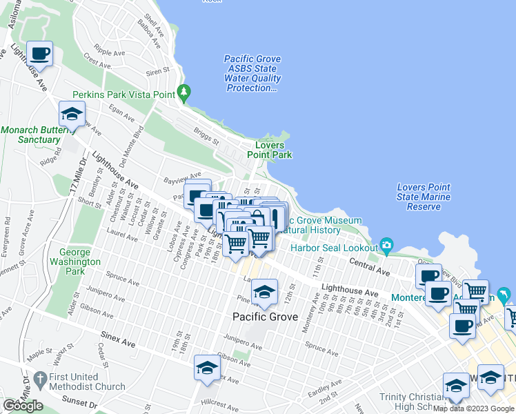 map of restaurants, bars, coffee shops, grocery stores, and more near 132 Forest Avenue in Pacific Grove