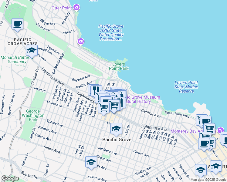 map of restaurants, bars, coffee shops, grocery stores, and more near 132 Forest Avenue in Pacific Grove
