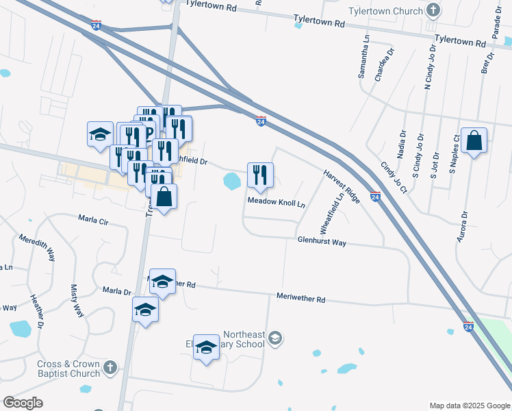 map of restaurants, bars, coffee shops, grocery stores, and more near 1196 Meadow Knoll Lane in Clarksville