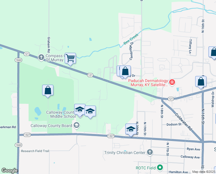 map of restaurants, bars, coffee shops, grocery stores, and more near 1343 Kentucky 121 in Murray