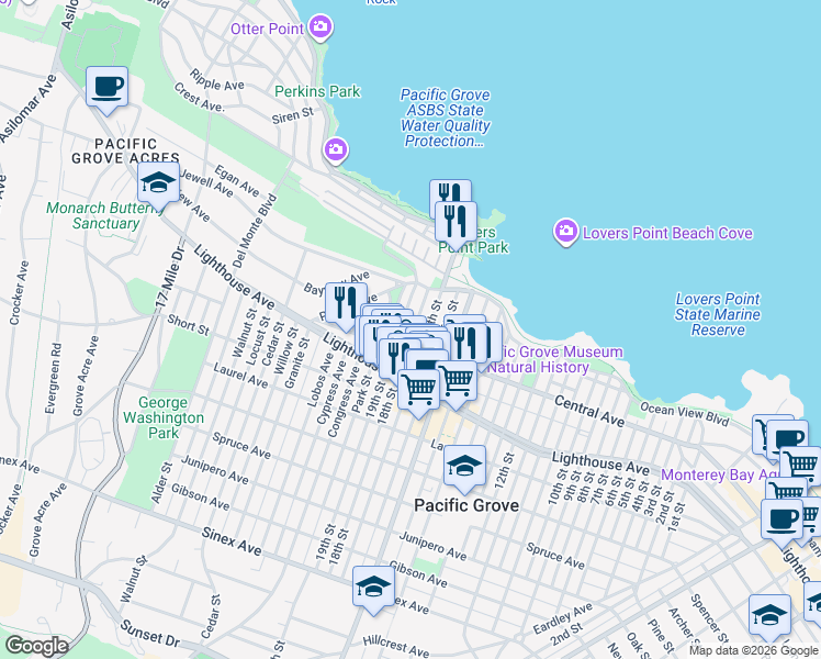 map of restaurants, bars, coffee shops, grocery stores, and more near 114 18th Street in Pacific Grove