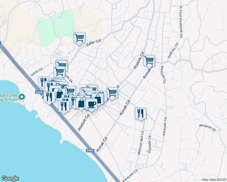 map of restaurants, bars, coffee shops, grocery stores, and more near Atatürk Caddesi in Alanya